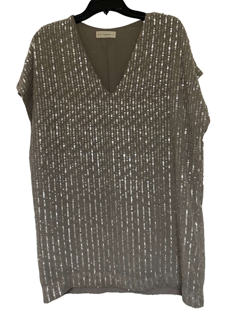 Sequin Mini Dress Tunic V-Neck - Taupe Silver Oversized sz Small